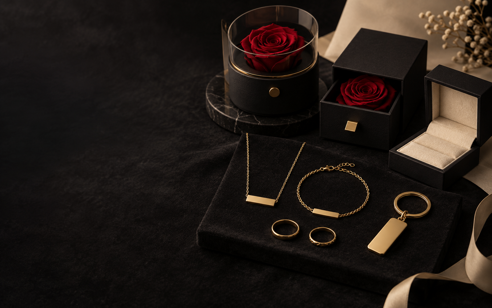 Gold necklace, bracelet, rings, keychain and gift boxes